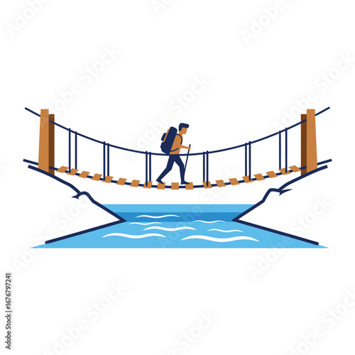 Navigating the Heights: A lone hiker traverses a swaying suspension bridge, venturing boldly over a chasm.