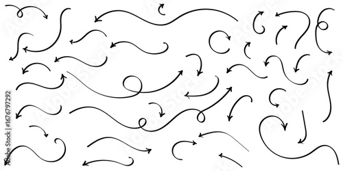 Black hand drawing doodle arrow on isolated white background. Different shapes hand drawn arrow set. Pointing vector design drawn. Isolated curved vector doodle icon set. EPS 10. 