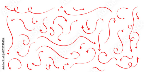 Red isolated hand drawn curved arrow on white background. Different curved arrow icon set. Hand drawing doodle arrow set. EPS 10. 