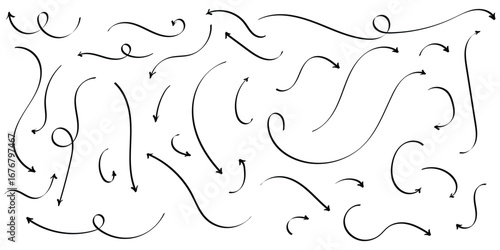Black hand drawing doodle arrow on isolated white background. Different shapes hand drawn arrow set. Pointing vector design drawn. Isolated curved vector doodle icon set. EPS 10. 