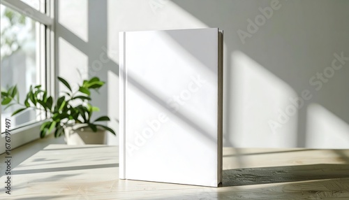 Minimalist concept of an empty white book cover mockup bathed in morning sunlight, casting shadows near a window