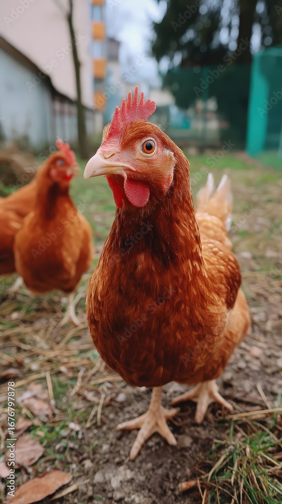 Fototapeta premium Red hen standing in free range chicken coop on grass