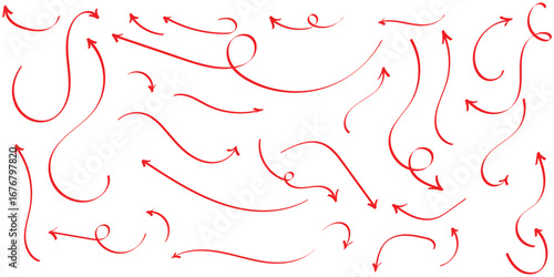 Red hand drawing doodle arrow on isolated white background. Different shapes hand drawn arrow set. Pointing vector design drawn. Isolated curved vector doodle icon set. EPS 10. 