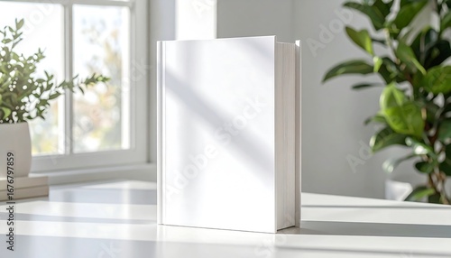 Minimalist product display with a blank white hardcover book standing on a bright, sunlit desk next to a window