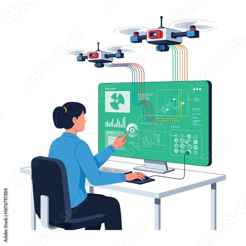 Drone Control System: A woman masterfully pilots a fleet of drones, manipulating data and coordinating their flight paths with precision, symbolizing the future of tech.