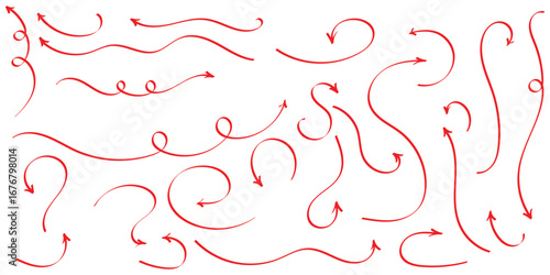 Red hand drawing doodle arrow on isolated white background. Different shapes hand drawn arrow set. Pointing vector design drawn. Isolated curved vector doodle icon set. EPS 10. 