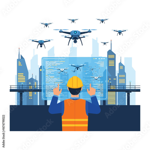 Aerial Command: An illustration showcasing an engineer masterfully controlling a fleet of drones, monitoring urban airspace and overseeing the future of technology.