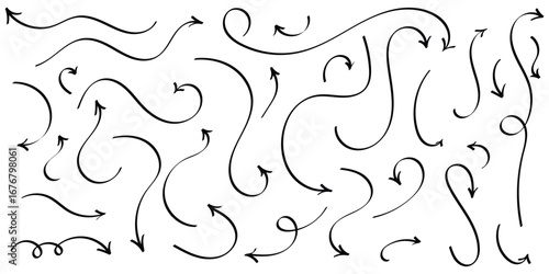 Black hand drawing doodle arrow on isolated white background. Different shapes hand drawn arrow set. Pointing vector design drawn. EPS 10. 