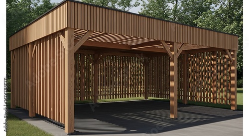 Modern Wooden Carport with Pergola Roof Design.
