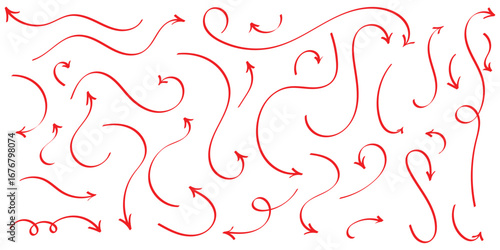 Red hand drawing doodle arrow on isolated white background. Different shapes hand drawn arrow set. Pointing vector design drawn. Isolated curved vector doodle icon set. EPS 10. 