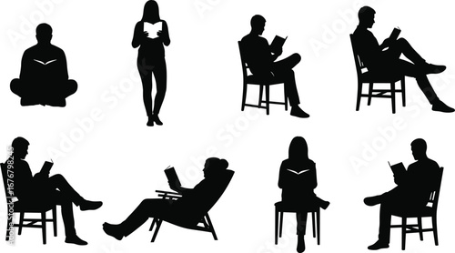 Silhouette of People Reading Books in Various Sitting and Standing Positions for Education, Relaxation, Learning, Library, and Literature Concept