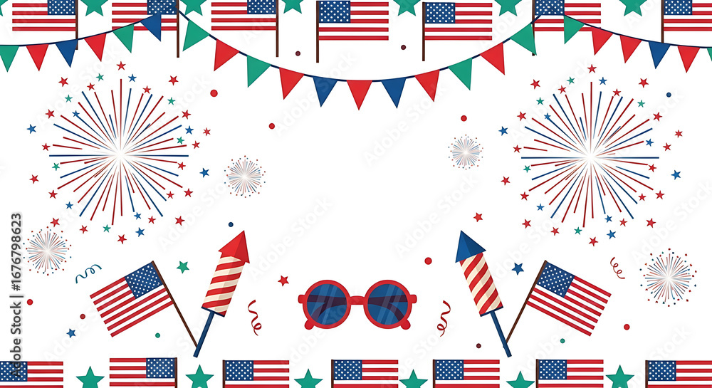 Obraz premium Festive illustration of American flags, fireworks, and patriotic decorations for Independence Day.