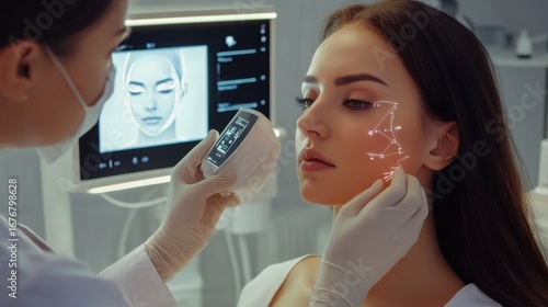 Professional beautician, futuristic skincare analysis device, holographic display, client skin examination, high-tech beauty clinic, AI diagnostics, personalized skincare, luxury tech innovation.