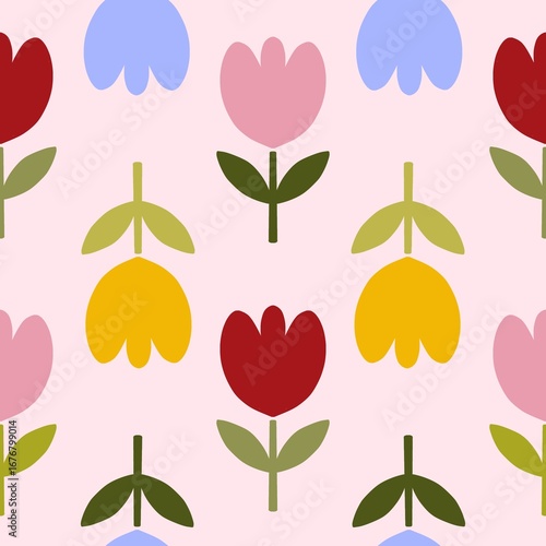 Cute Tulip Pattern Seamless Design in Pink, Red, Yellow and Purple - Playful Style
