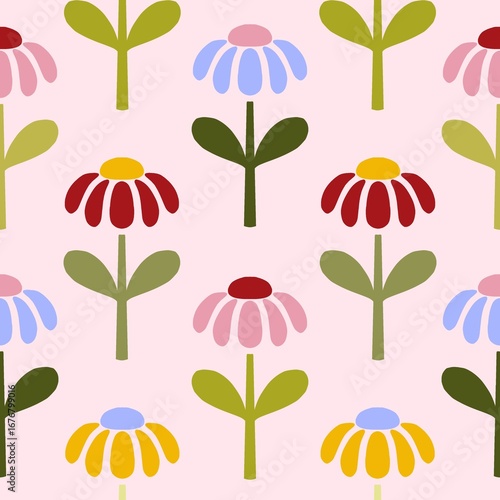 Seamless Daisy Flower Pattern in Red, Pink and Purple – Scandinavian Cute Playful Style