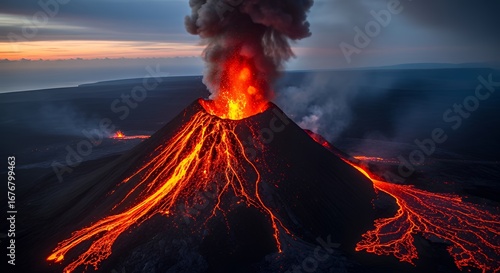 Active Erupting Volcano with Lava Flows and Smoke at Sunset