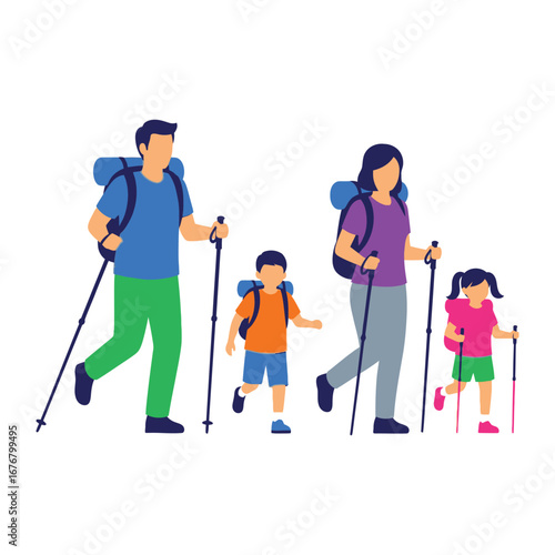 Family Hiking Adventure: A vibrant illustration depicts a family embarking on a hiking adventure, each member equipped with backpacks and trekking poles, exploring the great outdoors with smiles.