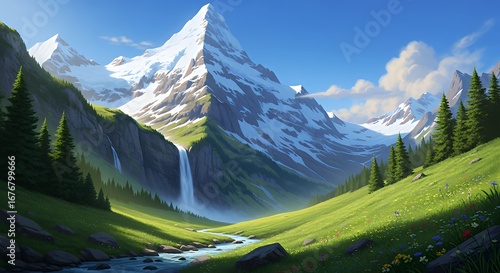 Majestic Snow-capped Mountain Peak Surrounded by Green Forest and Flowing Water in Scenic Landscape
