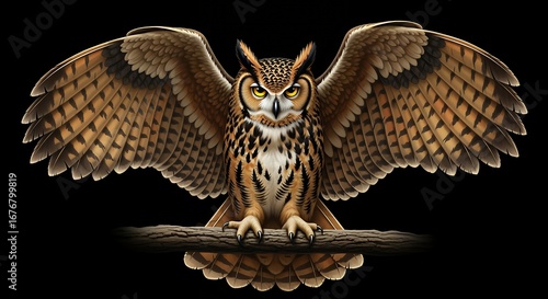 Majestic Brown Owl with Wide Spread Wings Perched on Branch in Dark Background