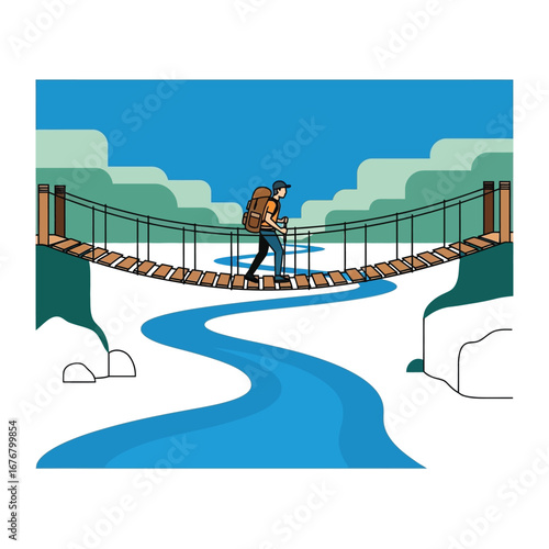 Adventure Bridge: A lone hiker navigates a wooden suspension bridge, crossing a serene river against a backdrop of rolling hills, under a vibrant blue sky.