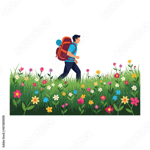 Adventurous Trek: A lone hiker embarks on a journey through a vibrant meadow. The image embodies exploration and the joy of being surrounded by nature.
