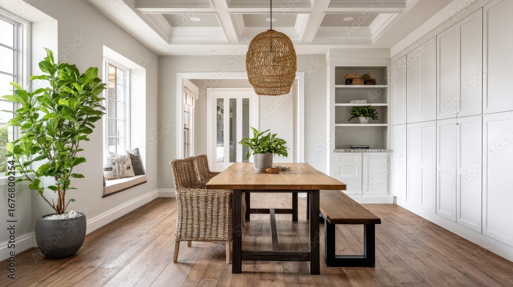 Fototapeta premium Elegant transitional space with a sleek sofa and traditional wooden accents