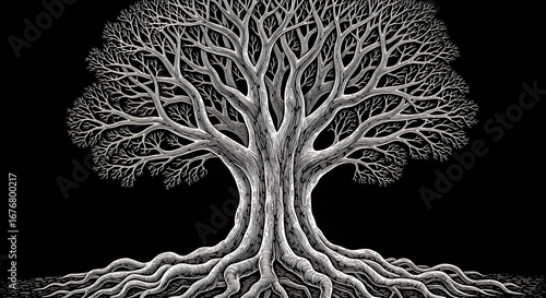 Black Background Silver Tree Illustration with Intricate Branches and Roots