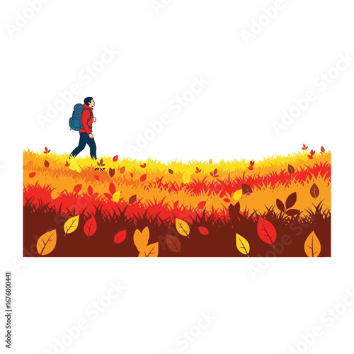 Autumn Trailblazer's Adventure: A lone hiker embarks on a journey through a vibrant landscape carpeted in fiery autumn leaves, backpack on his back. A symbol of resilience and freedom.