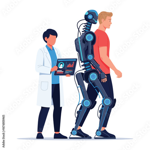 Advancing Bionics: An illustration of a human, in the realm of technology, interacts with a state-of-the-art bionic system. The image shows an individual walking with assistance.