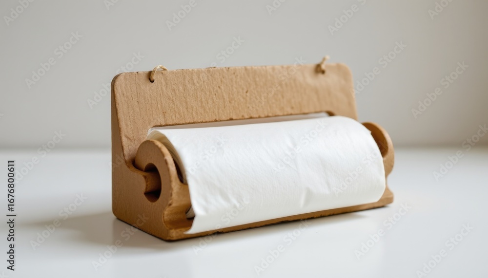 Obraz premium minimalist compostable biodegradable wrap roll dispenser, built with palm leaf pressed board, styled with organic rough surface, designed for ergonomic one hand operation