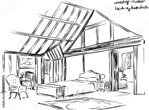 Ink illustration of an English country manor bedroom in Buckinghamshire — rustic timber beams, antique furniture, vintage interior sketch in black-and-white line art
