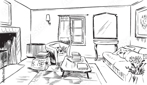 Ink illustration of a cozy English living room — armchair, fireplace, sofa, books, classic home décor, hand-drawn black-and-white interior sketch
