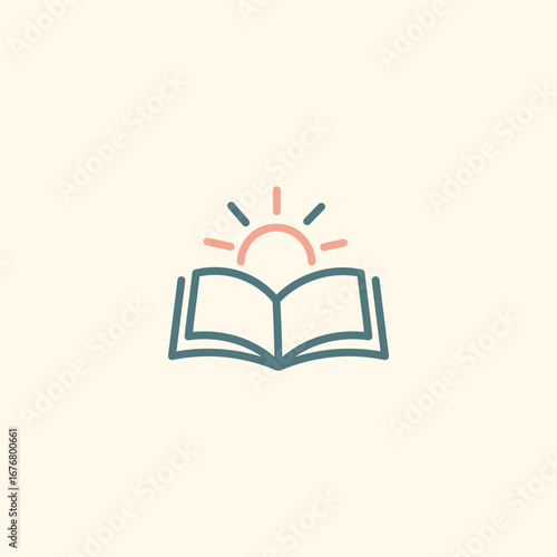 Open Book with Rising Sun Icon for Knowledge, Learning, and Inspiration