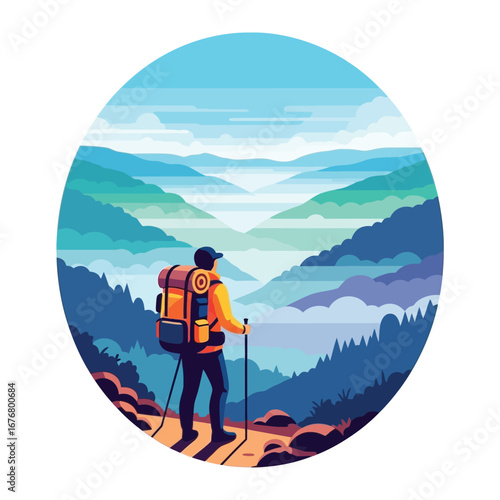 Mountain Explorer's Vista: An adventurer stands amidst majestic peaks, absorbing the serene beauty of the mountain panorama. A symbol of journey, self-discovery, and the powerful call of nature