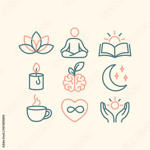 Mindfulness and Wellness Outline Icon Pack for Meditation, Yoga, and Self-Care