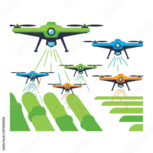 Agricultural Drone Technology: Modern agricultural technology illustrated, a fleet of drones, each designed for precision farming, hovering over fields.