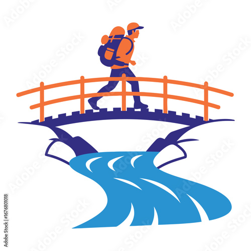 Journey's Embrace: A stylized illustration depicts a solitary figure trekking across a quaint bridge above a serene stream, symbolizing a voyage of discovery and the allure of outdoor exploration.