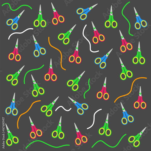 Colorful Scissors and Wavy Lines Seamless Pattern on Dark Background