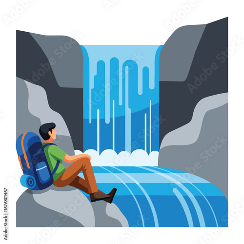 Solitude at the Cascade: A lone figure finds tranquility in nature's embrace, gazing at the majestic waterfall. It's a scene of adventure and contemplation. 