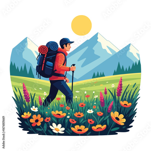 Hiker in Blooming Meadow: A solitary hiker traverses a vibrant meadow in the sunshine, with a mountainous backdrop. His silhouette against the wildflowers evokes feelings of solitude.