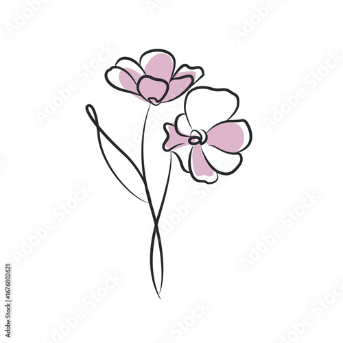 Cute Flowers One Line Vector Drawing. Style Template with Hand Drawn Flower. Botanical Plant Modern Minimalist Linear Style for Beauty and Fashion Design, Wall Decor