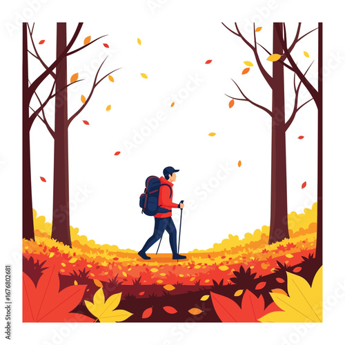 Autumn Adventure: A solitary figure embarks on an autumn hike, enveloped by the warm embrace of fall foliage, as leaves dance from the trees. 