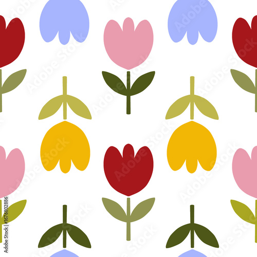 Cute Tulip Pattern Seamless Design in Pink, Red, Yellow and Purple - Playful Style Transparent