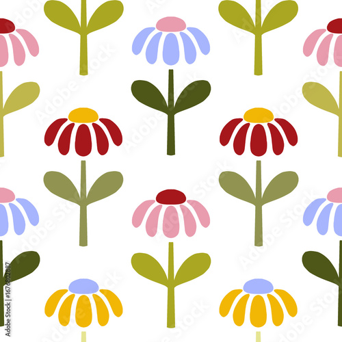 Seamless Daisy Flower Pattern in Red, Pink and Purple – Scandinavian Cute Playful Style Transparent