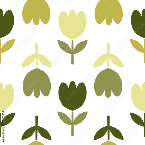 Scandinavian Leaf and Tulip Pattern Seamless Design in Green - Summer Spring Style Transparent
