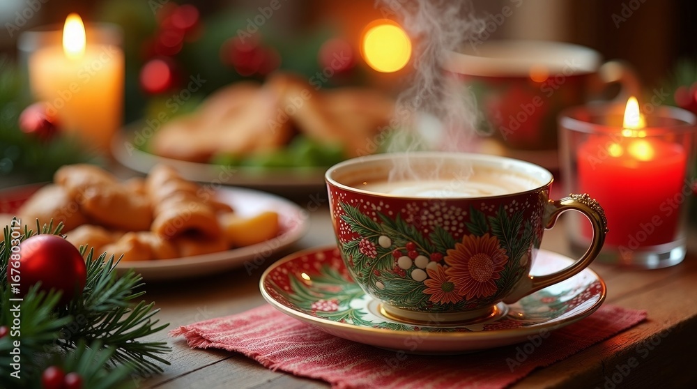 Fototapeta premium Festive hot beverage with holiday decorations Christmas