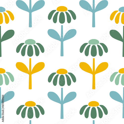 Seamless Daisy Flower Pattern in Yellow, Blue, and Green – Scandinavian Folk Style Transparent