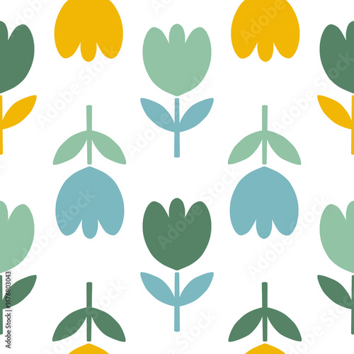 Scandinavian Leaf and Tulip Pattern Seamless Design in Green, Blue, and Yellow Transparent