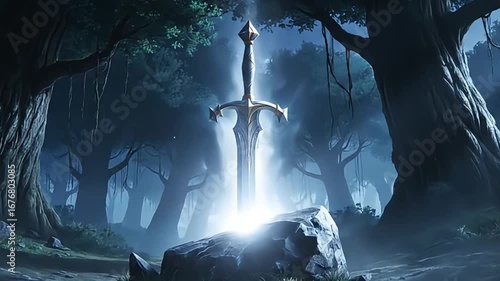 The Legendary Sword in the Stone Glowing Mystically.