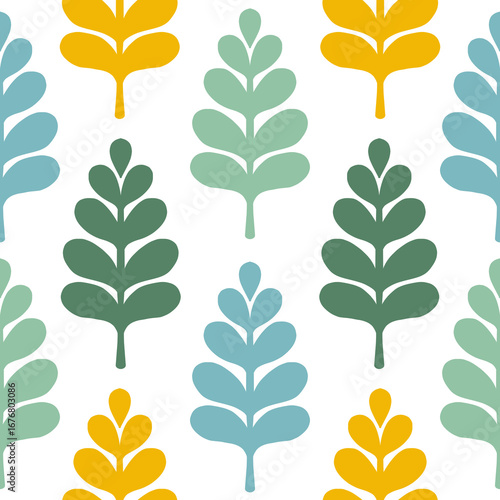 Seamless Simple Leaf Pattern in Blue, Green, and Yellow – Scandinavian Style Transparent